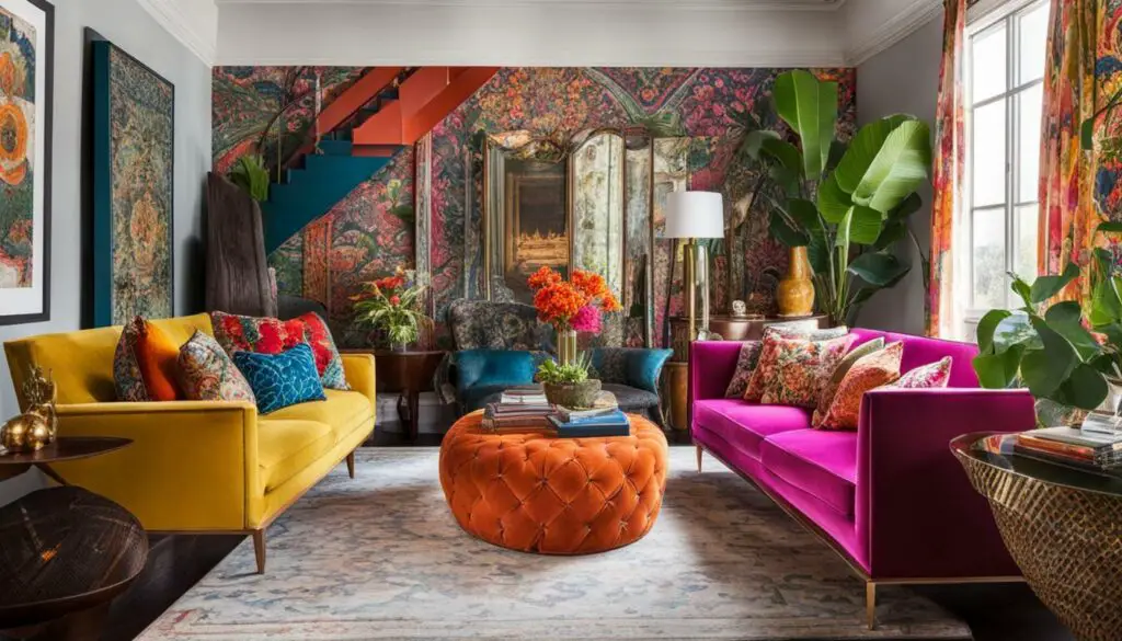 Maximalist living room with bold colors and patterns